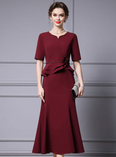 Short Sleeve Beading Pearls Mother Of The Bride Dress