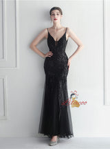 Sequins Tulle Spaghetti Straps Prom Dress