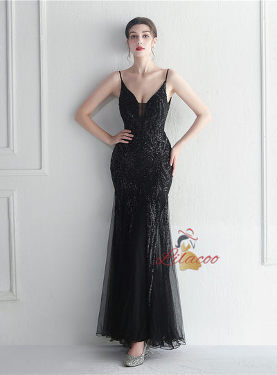 Sequins Tulle Spaghetti Straps Prom Dress