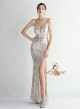 Spaghetti Straps Mermaid Sequins Split Prom Dress