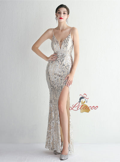 Spaghetti Straps Mermaid Sequins Split Prom Dress