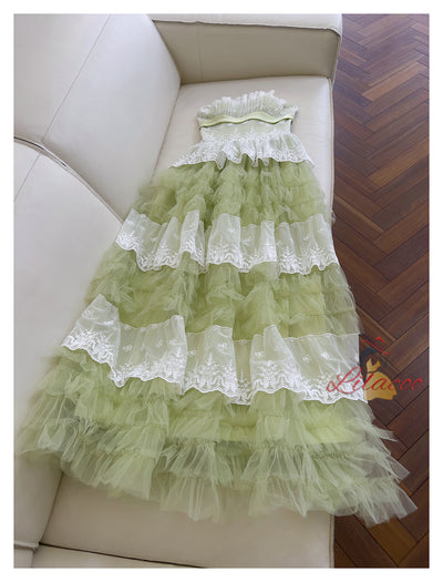 Green Tulle Lace Straps Tiers Prom Dress