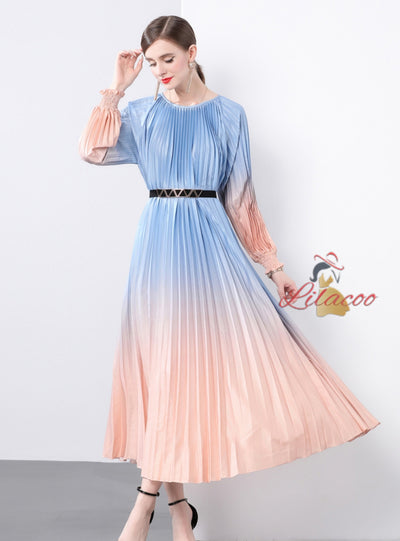 Long Sleeve Print Oversized Pleated Dress