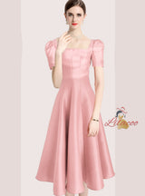 Solid Color Slim Waist Square Neck Dress