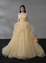 Yellow Tulle Spaghetti Straps Beading Prom Dress