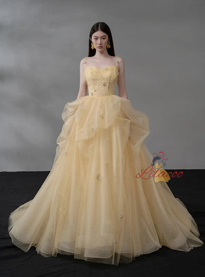 Yellow Tulle Spaghetti Straps Beading Prom Dress
