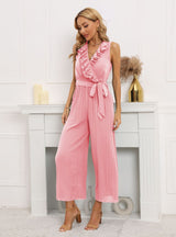 Sleeveless V-neck Lotus Leaf Pleated Jumpsuit