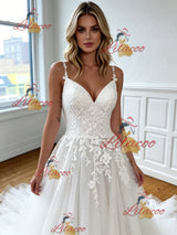 White Tulle Lace Appliques Strapes Wedding Dress