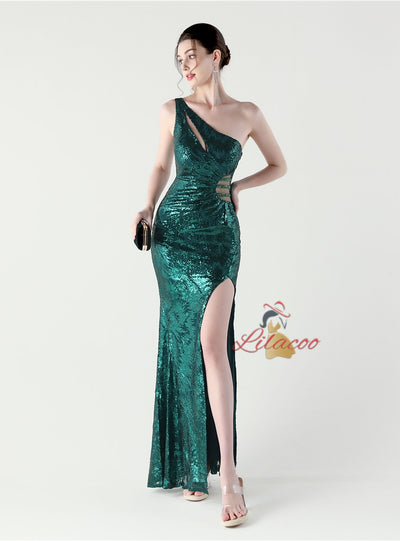 Mermaid Sequins One Shoulder Split Prom Dress