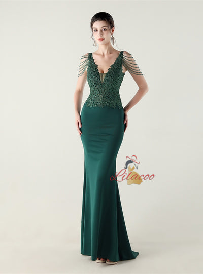 Mermaid V-neck Lace Beading Prom Dress