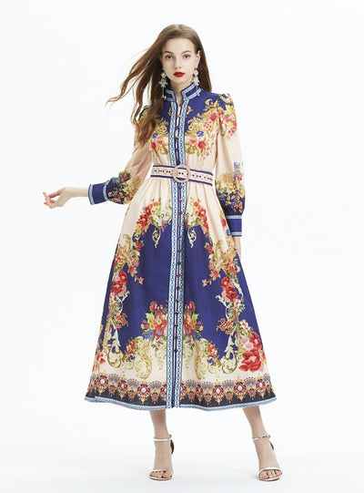 Retro Printed Long-sleeved Ruffled Dress