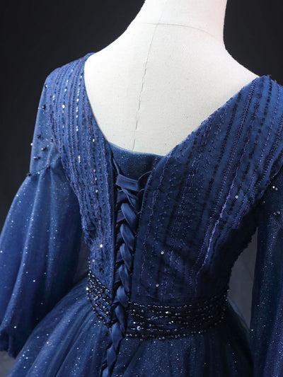 Navy Blue Sequins Long Sleeve Homecoming Dress