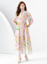 Retro Print Lantern Sleeves Dress