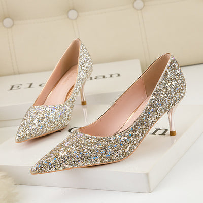 Shallow-mouthed Pointed Sequined Banquet Shoes