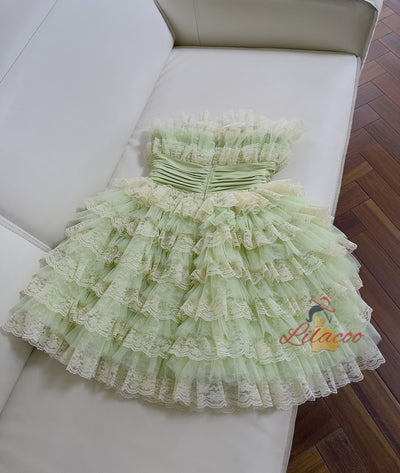 Green Tulle Lace Straps Tiers Short Prom Dress