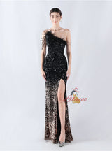 One Shoulder Mermaid Sequins Feather Split Prom Dress