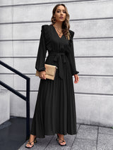 V-neck Pleated Long Sleeve Dress
