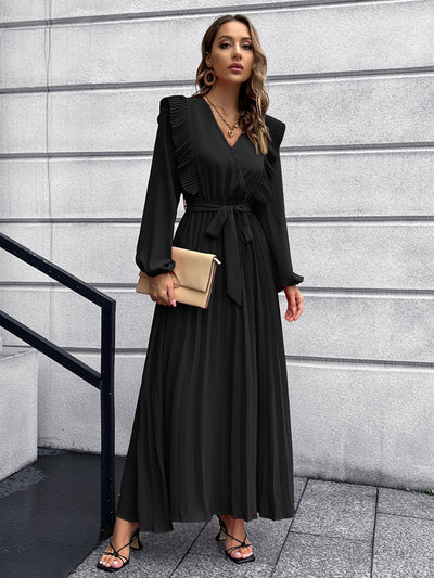 V-neck Pleated Long Sleeve Dress