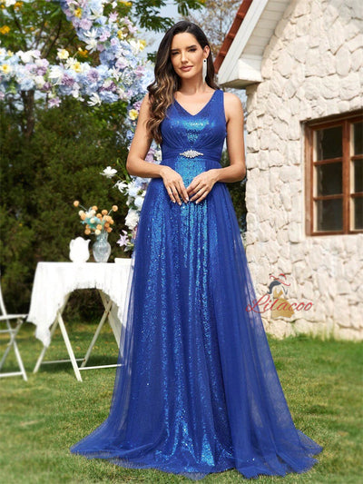 Royal Blue Sequins V-neck Prom Dress