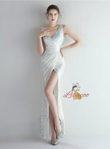 Mermaid V-neck Sequins Split Prom Dress