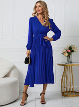 Long Sleeve Slim Pleated Belt V-neck Dress