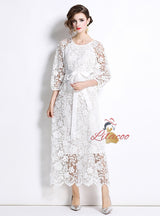 Long Sleeve Round Neck Slim Waist Lace Dress