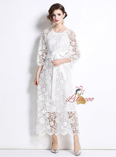 Long Sleeve Round Neck Slim Waist Lace Dress