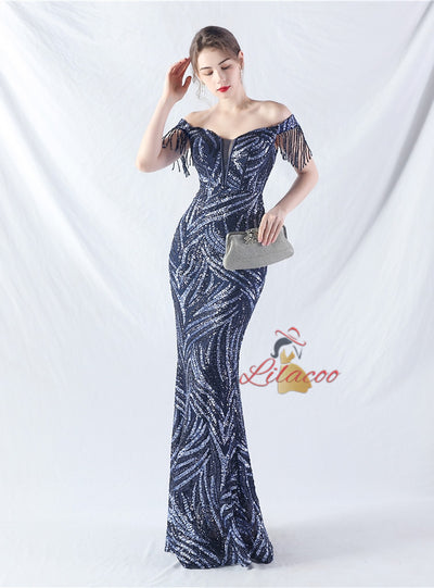 Mermaid Sequins Off the Shoulder Beading Prom Dress