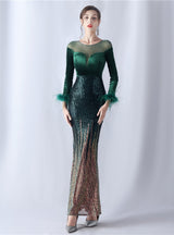 Sequins Long Sleeve Feather Prom Dress