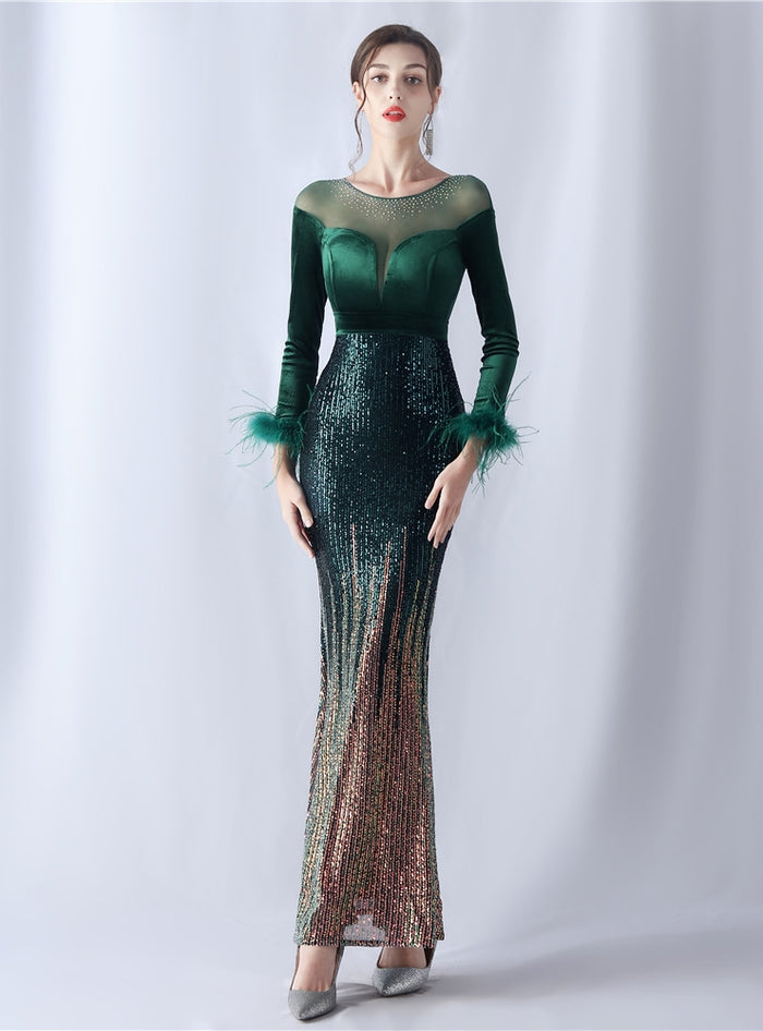 Sequins Long Sleeve Feather Prom Dress