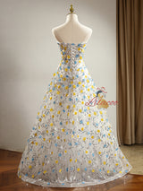 White Tulle Sequins Flower Prom Dress