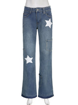 Retro Printed Stitching High-waisted Jeans