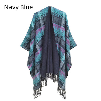 Checked Tassel Split Shawl