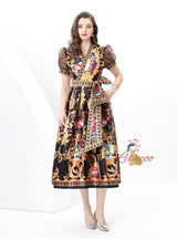 Palace V-neck Mesh Bubble Sleeve Printed Dress