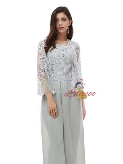 Gray Chiffon Lace 3 Piece Mother Of the Bride Dress
