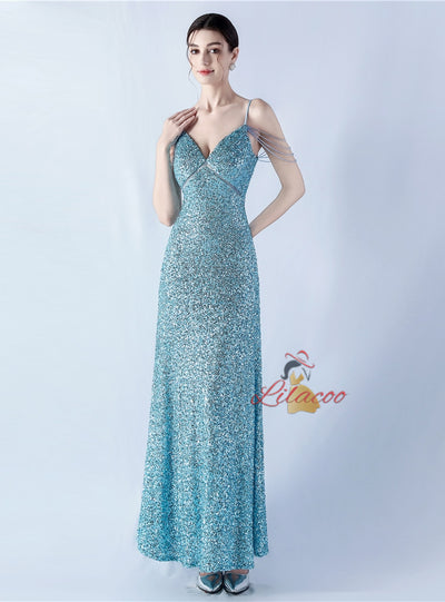 Spaghetti Straps V-neck Beading Prom Dress