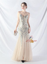 Spaghetti Straps Mermaid Sequins Tulle Beading Prom Dress