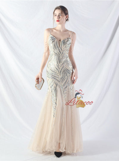 Spaghetti Straps Mermaid Sequins Tulle Beading Prom Dress
