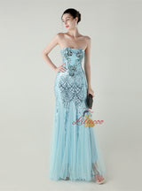 Sequins Tulle Strapless Beading Prom Dress