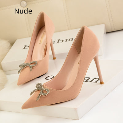 Shallow-mouthed Pointed Rhinestone Bow High Heels