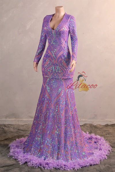 Purple V-neck Long Sleeve Feather Prom Dress