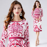 Retro Round Neck Printed Long-sleeved Slim Dress