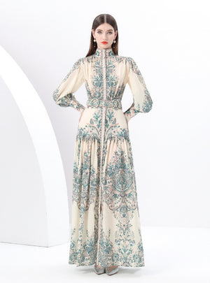 Retro Printed Lantern Sleeve Dress