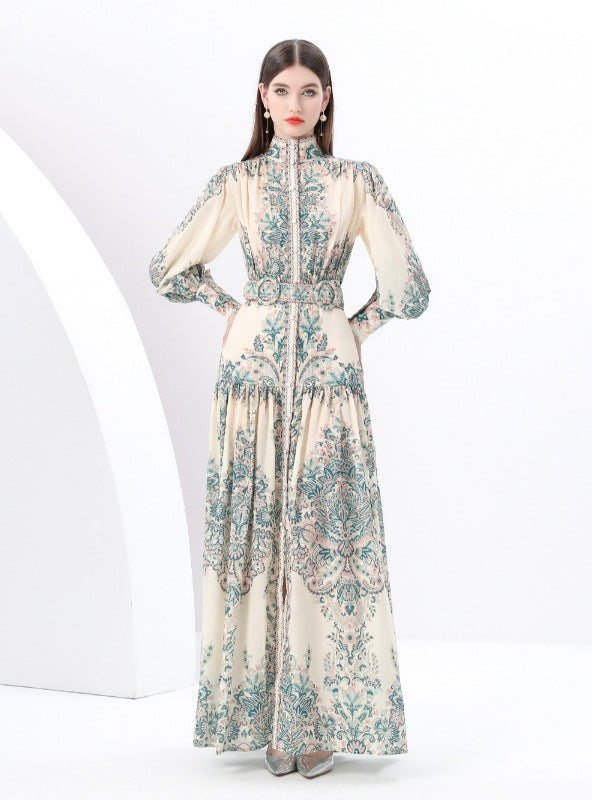 Retro Printed Lantern Sleeve Dress