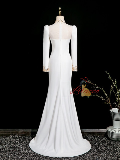 White Mermaid High Neck Sequins Lace Prom Dress