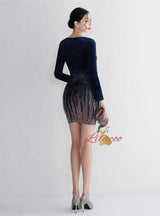 Velvet Long Sleeve V-neck Mini Prom Dress