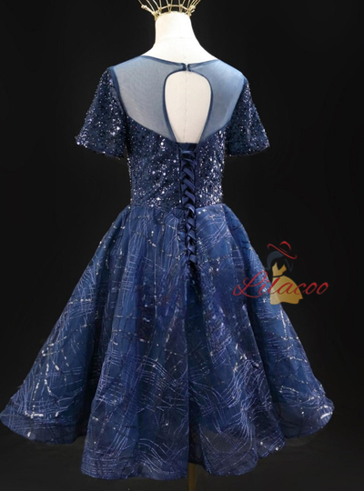 Navy Blue Sequins Short Sleeve Homecoming Dress