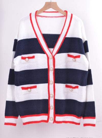 Button V-neck Stitching Loose Sweater