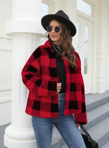 Button Padded Warm Lapel Plaid Plush Coat