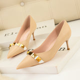 Thin Heels Metal Button Pointed Shoes